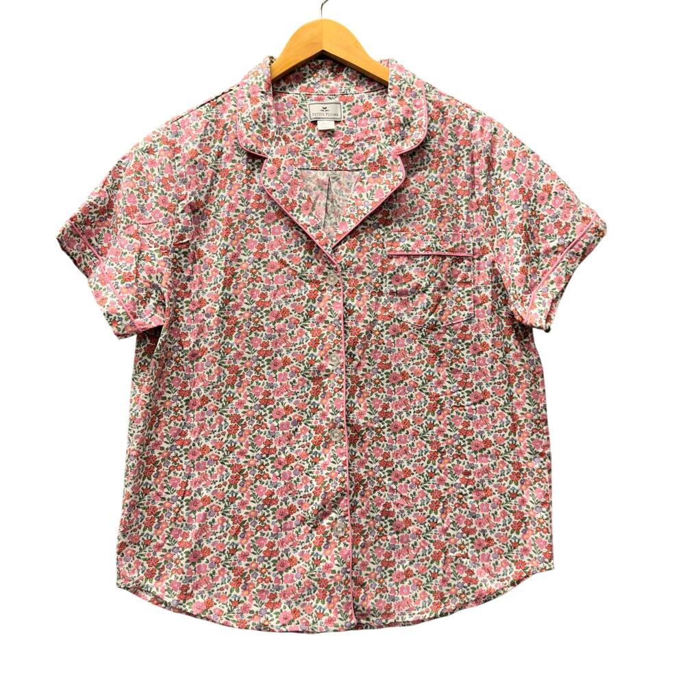 Petite Plume Pajama Top Womens Large Pink Floral Button Up Shirt Cotton Cottage